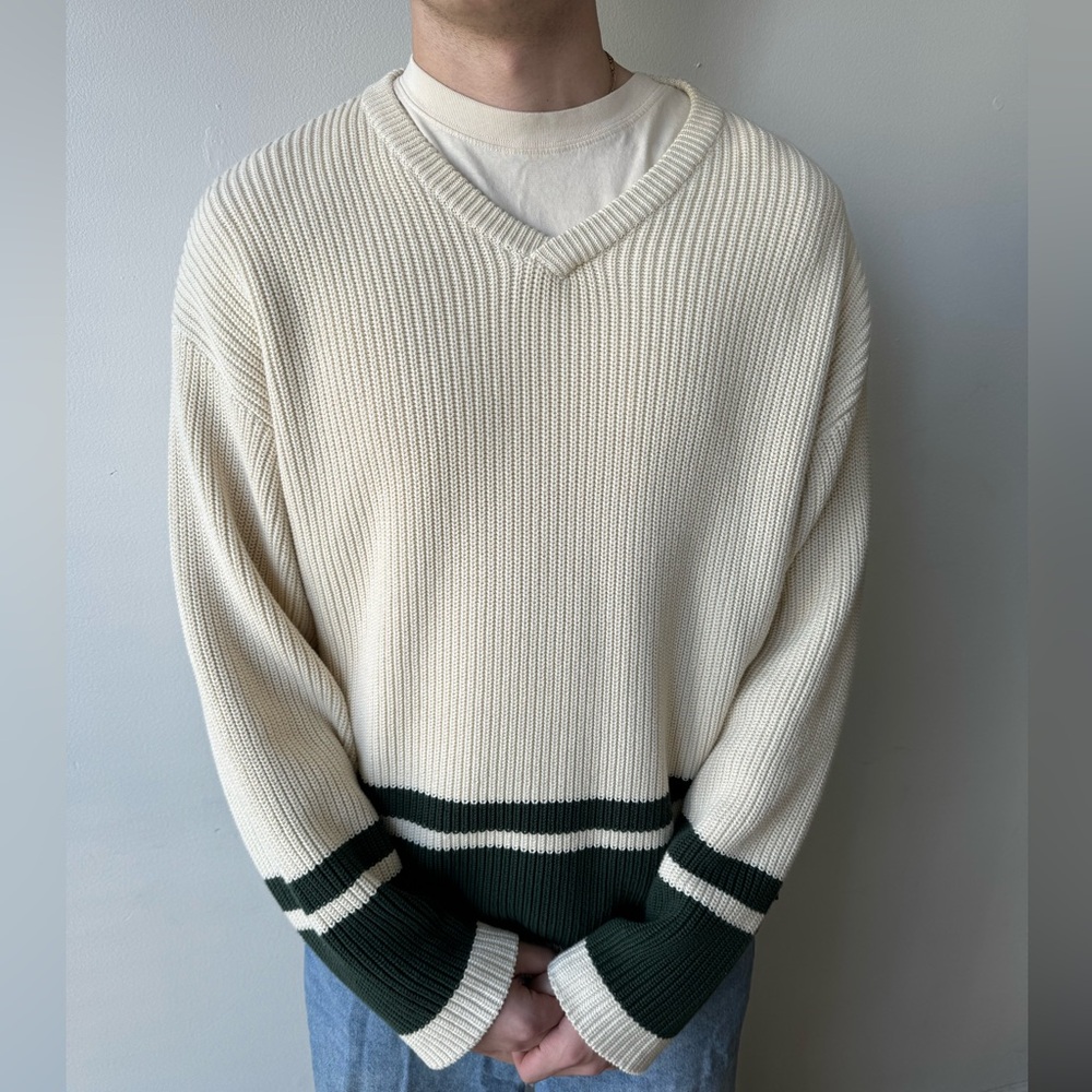 Stussy “Athletic” Sweater. Cricket sweater with green stripe. Like New.